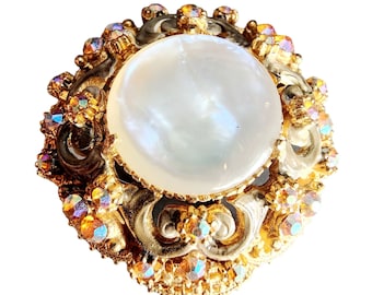 Vintage Signed Florenza Faux MOP Enamel & Rhinestone Brooch (A4145)