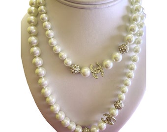 Vintage Authentic Chanel Hand Knotted Glass Pearl & Rhinestone Necklace (A1794)