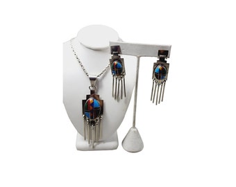 Vintage Signed Vidal Chavez Sterling Zuni Pendant Necklace & Earrings (A3138)