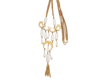 Vintage Etched Brass & Czech Glass Dangle Necklace (A2861)