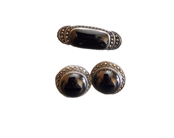 Vintage Signed JJ Judith Jack Sterling Marcasite & Onyx Brooch Earrings Set