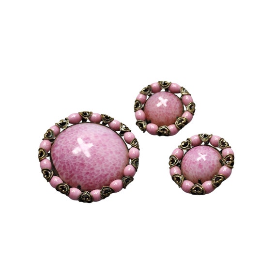 Vintage Pink Speckled Czech Glass Brooch and Earr… - image 2