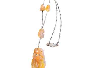 Antique Art Deco Carved Jade Sautoir Necklace (A1824)