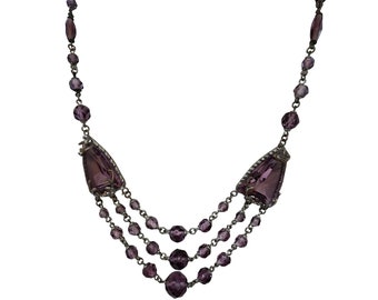 Antique Art Deco Light Purple Glass with Fancy Bezel Necklace (A4356)