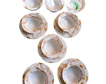 Haviland Limoges France Varenne Pink Rose Bone China Ramekin & Saucer Set Of 5