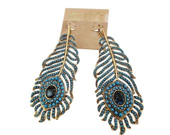 Fabulous NOS Kenneth Lane Ballotini Huge Peacock Feather Pierced Earrings