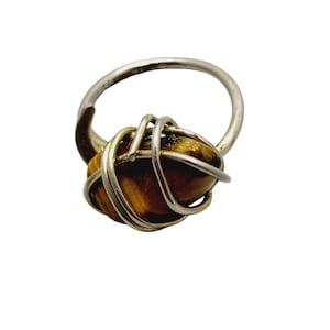 Vintage Sterling & Tiger Eye Abstract MCM Ring Size 8.5 (A1156)