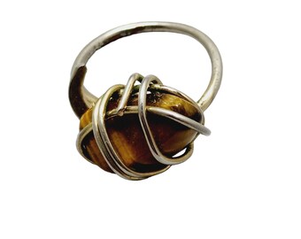 Vintage Sterling & Tiger Eye Abstract MCM Ring Size 8.5 (A1156)