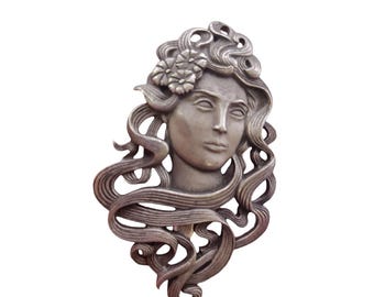 Fabulous Vintage Signed JJ 1980s Pewter Art Nouveau Lady Brooch (A5595)