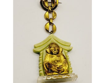 Unusual Dangling Celluloid & Brass Vintage Buddha Brooch or Pendant (A240)