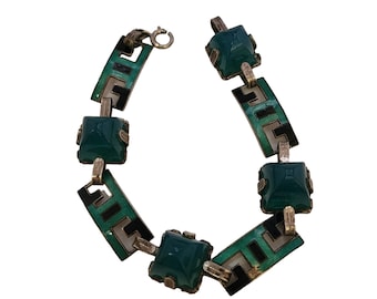 Antique Art Deco Hallmarked Sterling, Enamel & Sugar Loaf Chrysoprase Bracelet