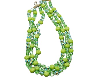 Vintage Hand Knotted Triple Strand Crystal Glass Necklace (A1333)