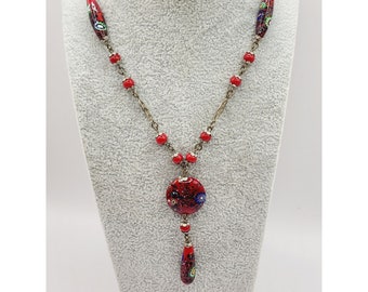 Antique Millefiori Art Deco Czech Sautoir Necklace (A468)