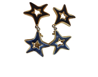 Vintage Enameled Dangling Star 80s Clip Earrings (A2447)