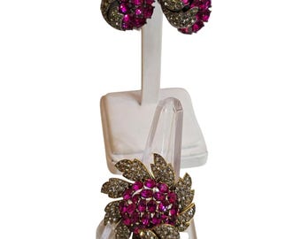 Alfred Philippe Trifari Rare Diamonte Flower Brooch & Clip-On Earrings Set