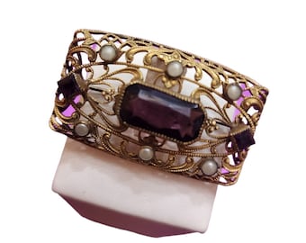 Vintage Possibly Czech Filigree & Faceted Glass Brooch (A2299)