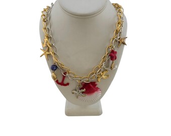 Vintage Signed 2 Tone Chains with Resin Charms Necklace (A8232)