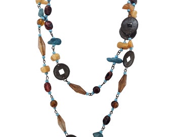 Vintage Long Acrylic & Token Necklace (A3182)