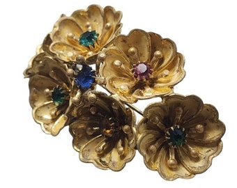 Antique Signed Czech Dimensional Brass Flower Brooch (A3045)