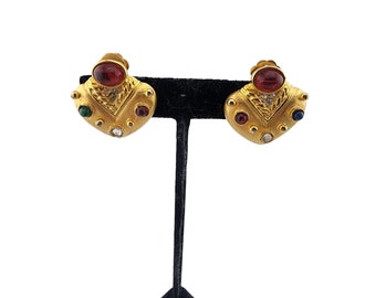 Vintage 80s Matte Gold Glass Clip Earrings (A3252)