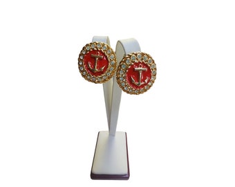 Vintage 80s Enamel & Rhinestone Anchor Clip Earrings (A4193)