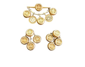 Vintage 80s DKNY Matte Gold Bottle Cap Brooch & Earrings Set (A2591)