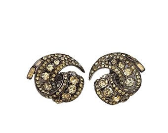 Antique 1930s Signed Trifari Rhinestone Early Clip Earrings (A3547)
