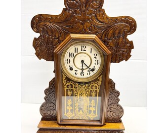 Ornate Oak Wood E. Ingraham Eight-Day Gingerbread Mantle Clock