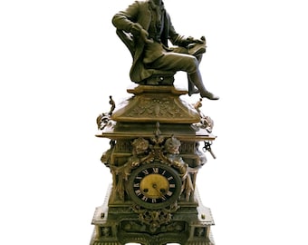 Antique Very Heavily Detailed Bronze Figural Clock With Statue On Top