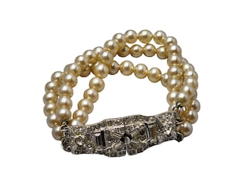 Vintage Beautiful Classic 40s Rhinestone Triple Strand Bracelet (A1478)