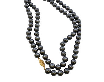 Vintage Glass Hematite 8mm Beaded Knotted Necklace (A8230)