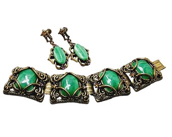 Vintage Marbleized Acrylic Large Panel Bracelet & Earrings Set (A1435)