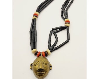 Brass Tribal Mask Vintage Pendant On Clay Resin Beaded Necklace (A224)