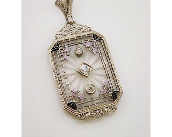 Antique Edwardian Huge 14kt Gold Diamond Enamel Camphor Glass Pendant (A5281)