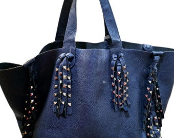 Valentino Denim Blue Leather Rockee Studded Fringe Tote/Shopper Bag