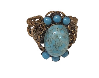 Vintage Unsigned West Germany Speckled Robin Egg Glass Adjustable Ring (A4296)