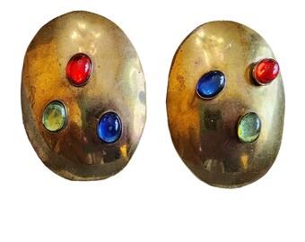 Vintage 80s Handmade Artisan Brass and Glass Domed Earrings (A1704)
