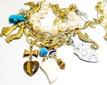 Fun vintage semi precious and faux pearl charm bracelet
