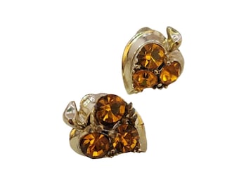 Vintage Rhinestone Leaf Screw Back Clip Earrings (A3687)