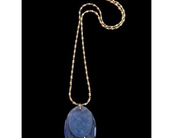 Vintage Art Deco Embossed Double Sided Faceted Glass Pendant Necklace (A3986)