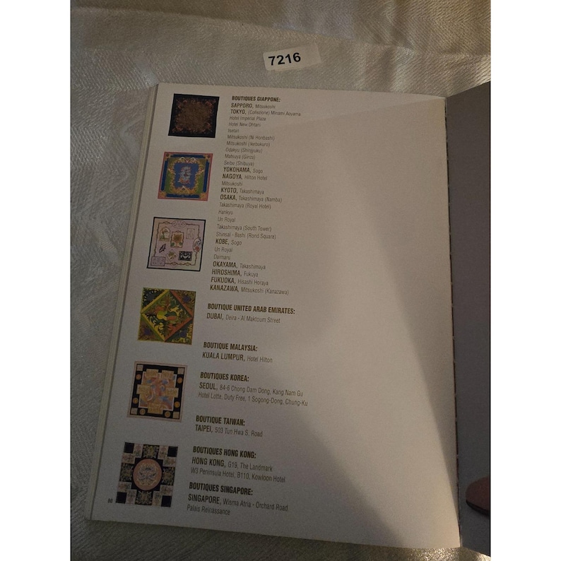 May include: An open book page with a list of boutiques in various cities. The page features colorful square illustrations and text, including city names like Tokyo, Kyoto, and Hong Kong. The number 7216 is in the top corner.