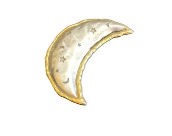 Vintage JJ Signed 2 Tone Moon Crescent 80s Brooch (A2451)