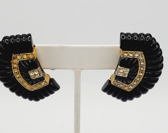 80's Molded Acrylic Rhinestone Black Clip Earrings (A156)