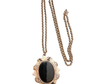 Wonderful Victorian Revival Brass Enamel And Glass Locket Pendant Necklace A4764