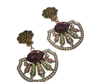 Stunning Unsigned Vintage Glass And Rhinestone Shoulder Duster Clip Earrings A5646