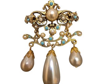 Antique Possible French Gilt Elaborate Glass Pearl Dangle Brooch Trombone Clasp