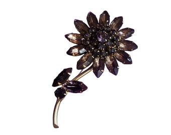 Vintage Purple Glass Riveted Rhinestone Flower Brooch (A4051)