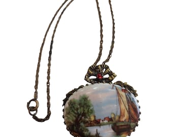 Antique Unique Porcelain Landscape Pendant Necklace (A2412)
