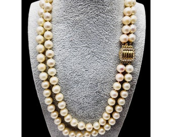 Vintage Signed Honora 14kt Gold & Diamond Double Strand Natural Pearl Necklace (A904)