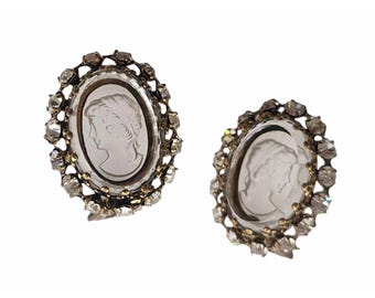 Vintage Signed W Germany Glass Cameo Clip Earrings (A5801)
